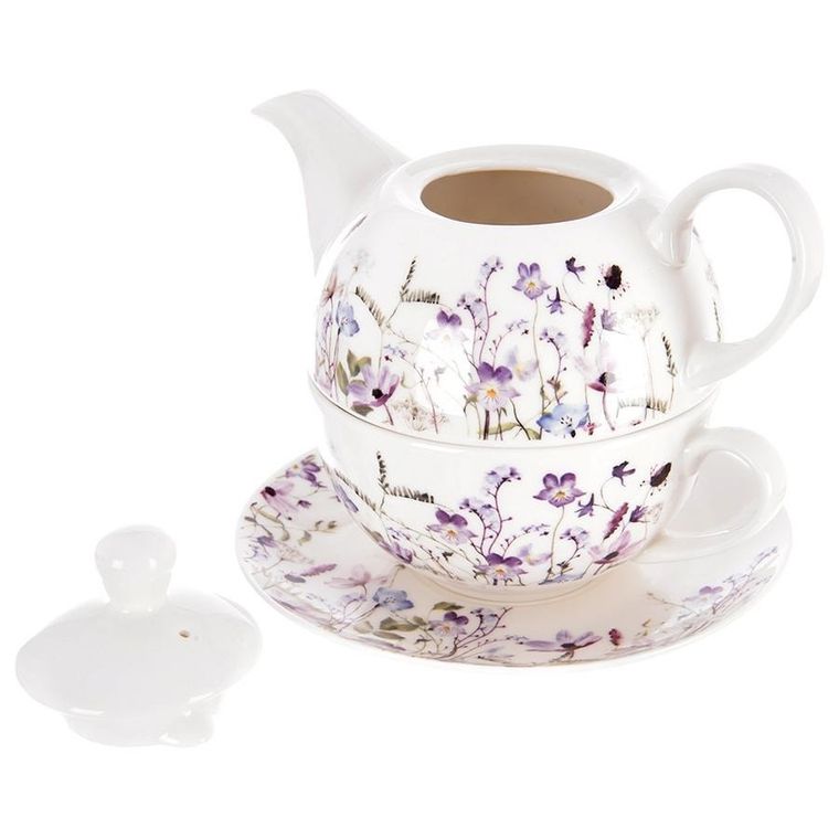 Orion, Louka, dzbanek z filiżanką do herbaty, porcelanowy, kwiaty, 3 elementy