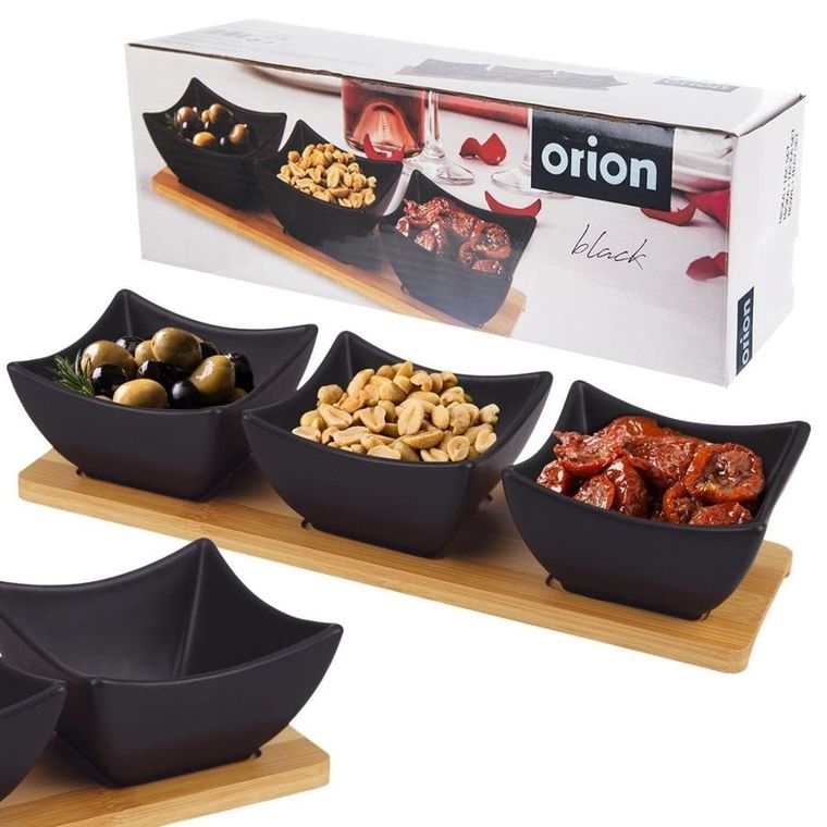 Orion, miseczki na przekąski porcelanowe czarne na tacy, 31.5 cm, 4 el.