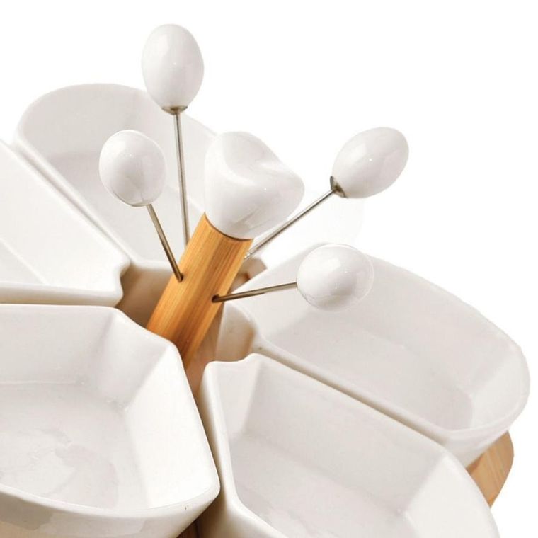 Orion, porcelanowe miseczki na przekąski, białe na tacy, 28.5 cm, 10 elementów