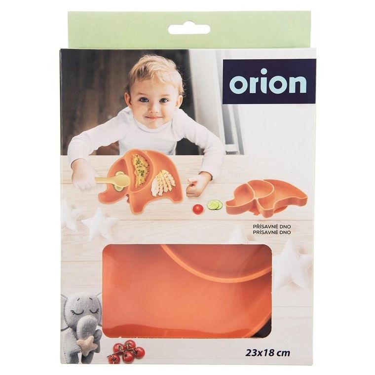 Orion, talerz dla dziecka, silikonowy, dzielony, pomarańczowy słonik, 23,5-19-3,5 cm