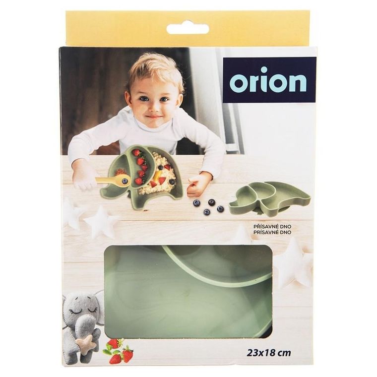 Orion, talerz dla dziecka, silikonowy, dzielony, zielony słonik, 23,5-19-3,5 cm