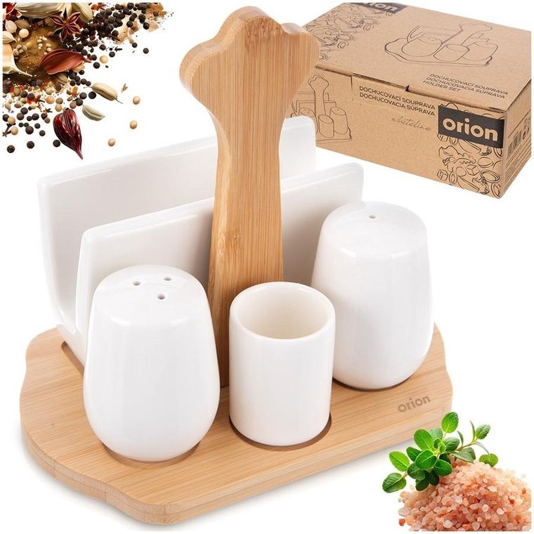 Orion, Whiteline, solniczka i pieprzniczka, porcelanowa, ze stojakiem i serwetnikiem, 5 elementów