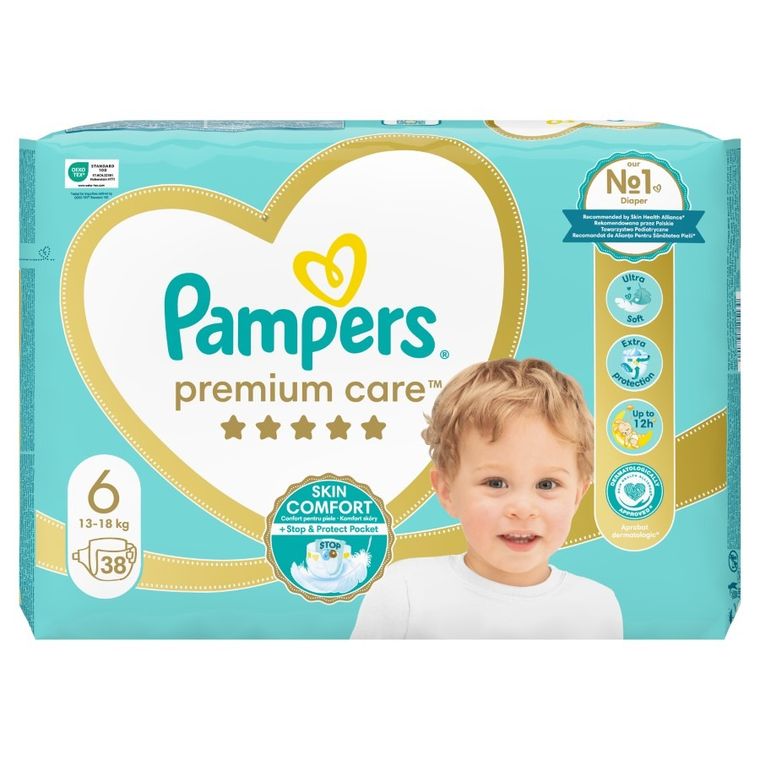 Pampers, Premium Care, pieluchy jednorazowe, rozmiar 6, 13+ kg, 38 szt.