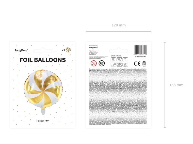 PartyDeco, balon foliowy, cukierek, 35 cm, złoty