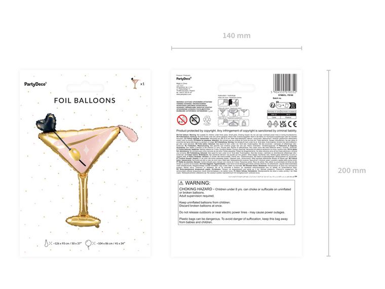 PartyDeco, balon foliowy Kieliszek, 126-93 cm, mix, 1 szt.