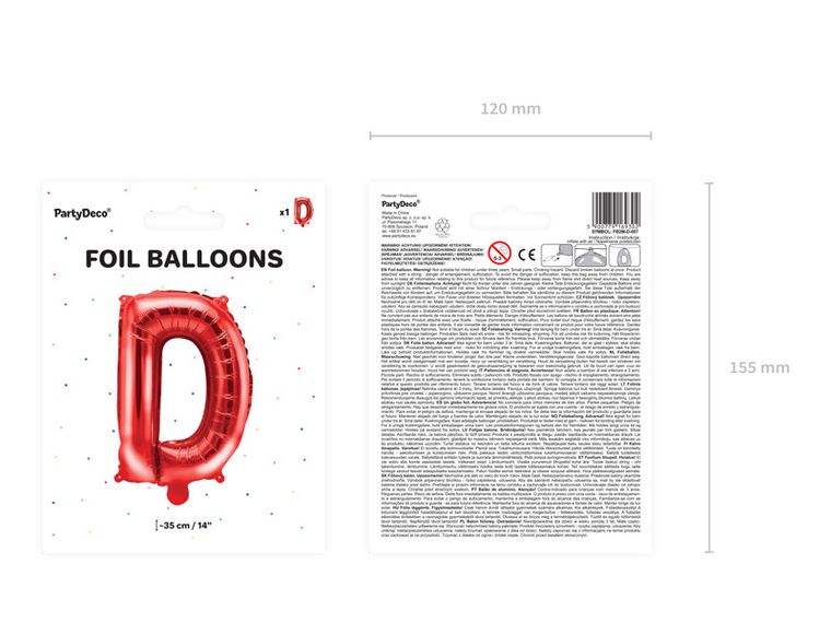 PartyDeco, balon foliowy, litera "D", 35 cm, czerwony, 1 szt.
