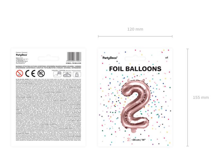 PartyDeco, balon foliowy, w kształcie cyfry 2,różowy, 35 cm