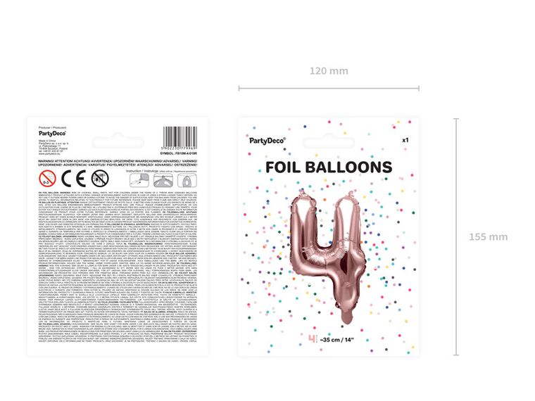 PartyDeco, balon foliowy, w kształcie cyfry 4, różowy, 35 cm