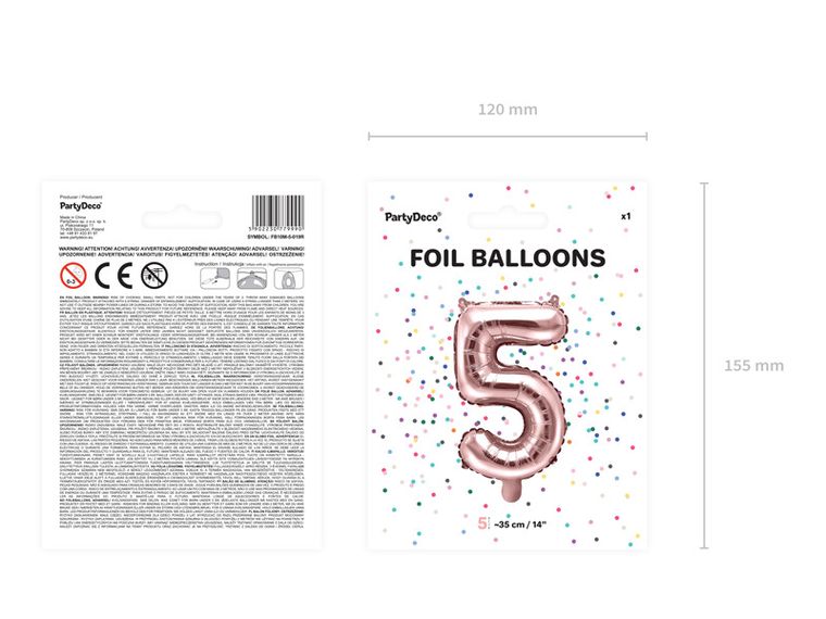 PartyDeco, balon foliowy, w kształcie cyfry 5, różowy, 35 cm