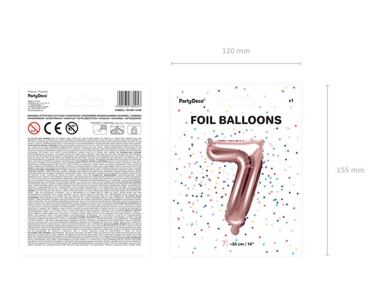 PartyDeco, balon foliowy, w kształcie cyfry 7, różowy, 35 cm