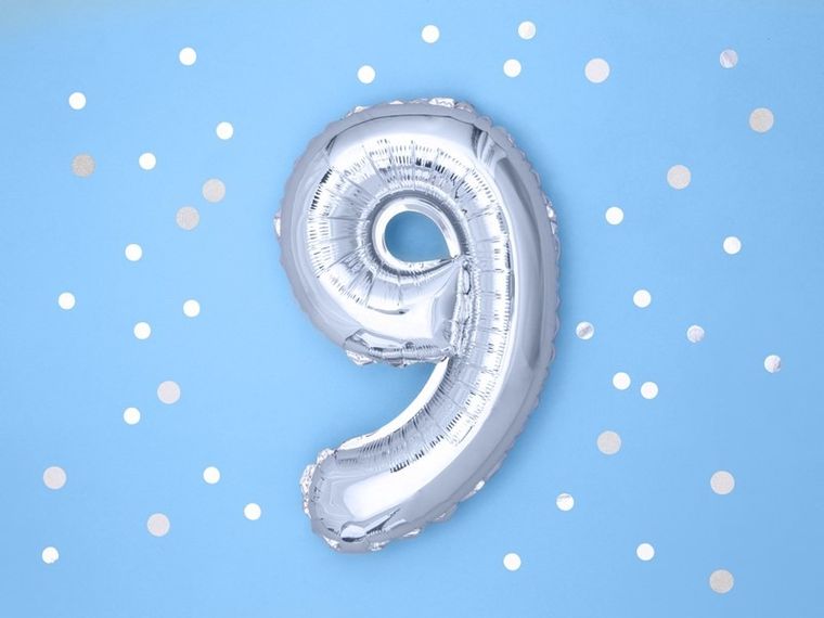 PartyDeco, balon foliowy, w kształcie cyfry 9, 35 cm, srebrny