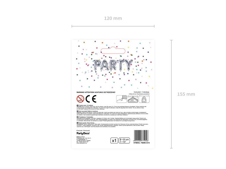 PartyDeco, balon foliowy, w kształcie litery A, srebrny, 35 cm
