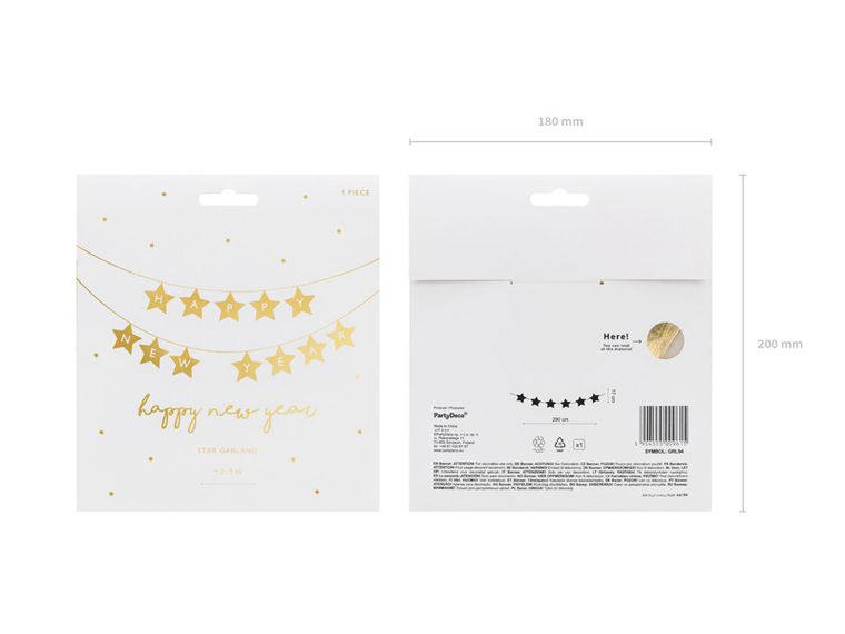 PartyDeco, baner Happy New Year gwiazdki, 290-17 cm, 1 szt.