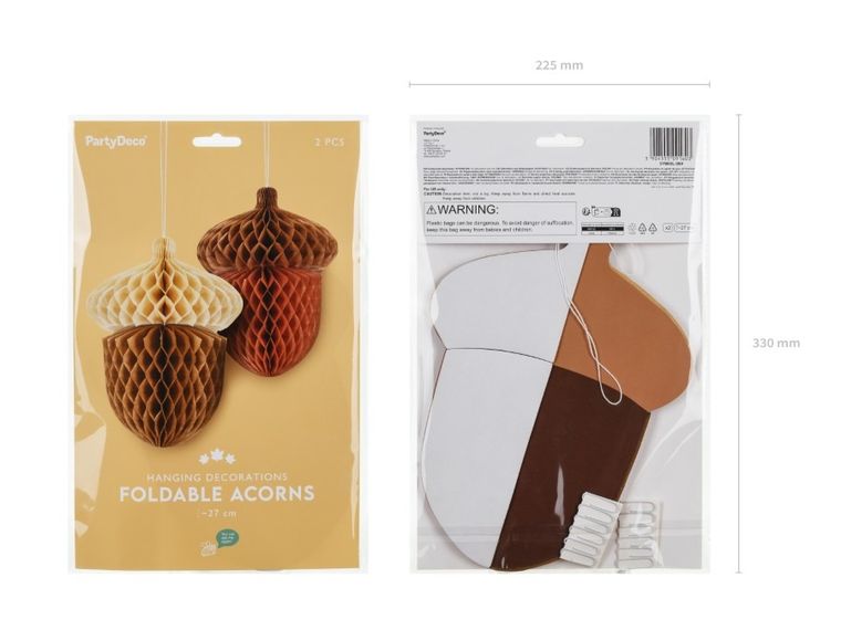 PartyDeco, dekoracja bibułowa, żołędzie, 27 cm, 2 szt.