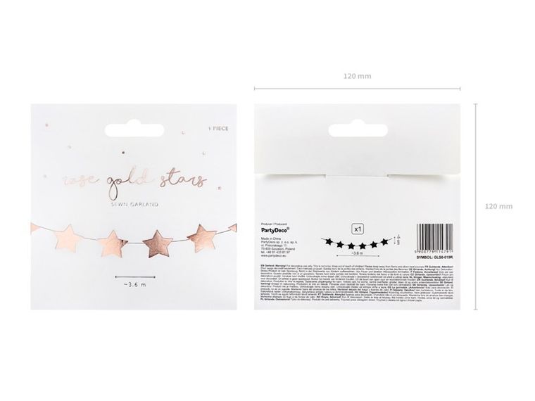 PartyDeco, girlanda gwiazdki, różowe złoto, 3, 6 m