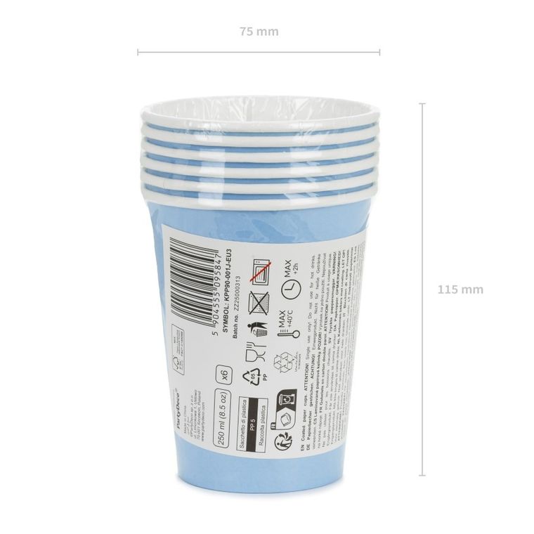 PartyDeco, kubeczki papierowe, jasny niebieski, 250 ml, 6 szt.