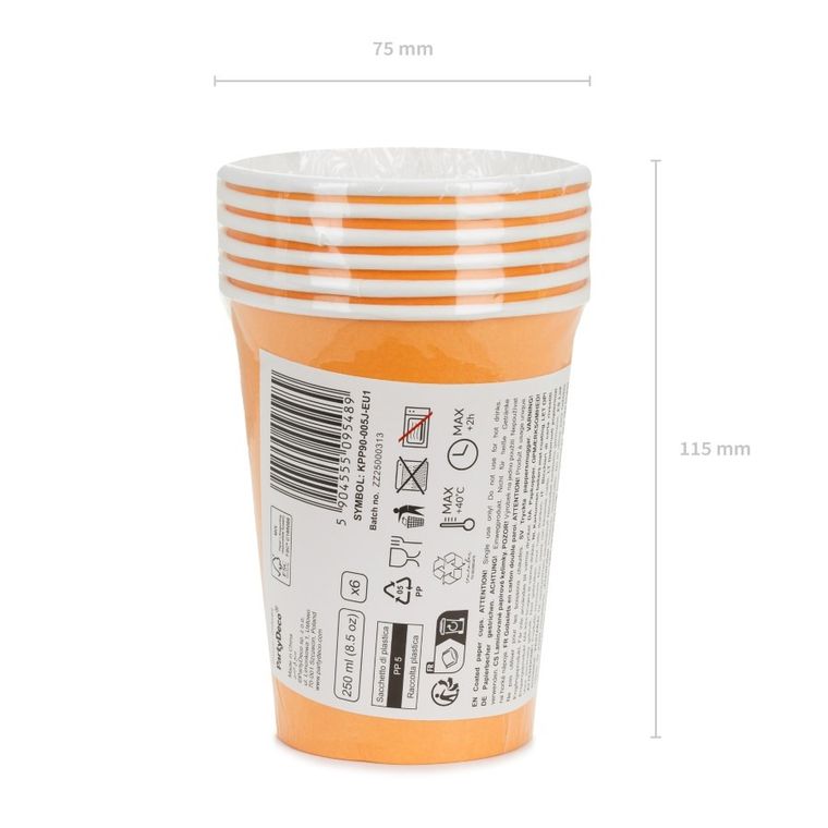 PartyDeco, kubeczki papierowe, jasny pomarańczowy, 250 ml, 6 szt.