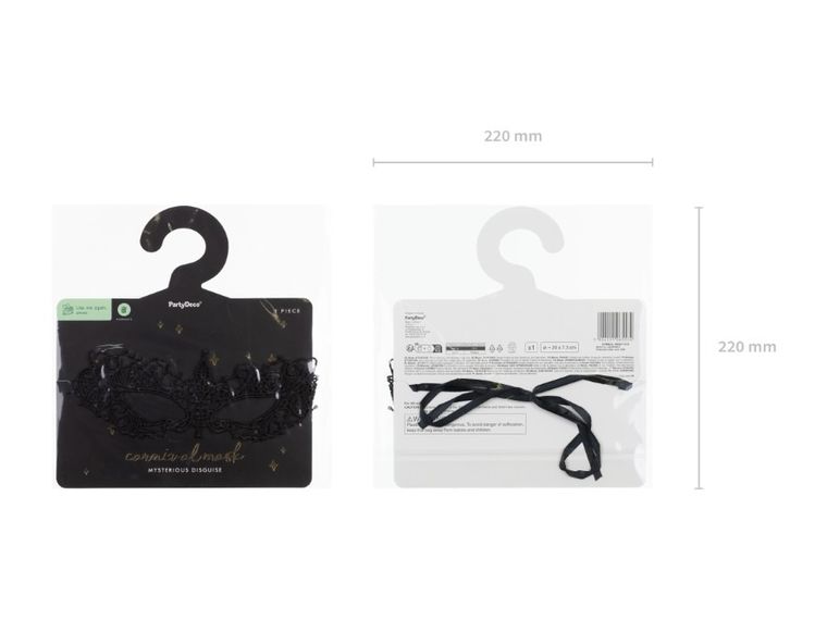PartyDeco, maska karnawałowa, koronkowa, czarna, 20-7,3 cm