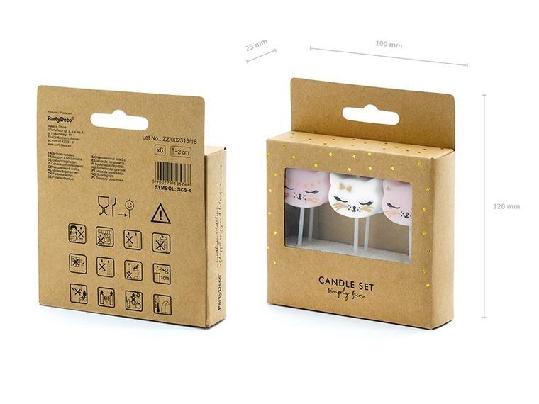 PartyDeco, Meow Party, świeczki urodzinowe na tort, kotek, mix, 2 cm, 6 szt.