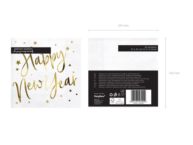 PartyDeco, serwetki papierowe Happy New Year, białe, 20 szt.