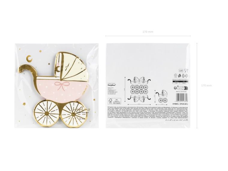 PartyDeco, serwetki, wózek, jasny róż, 14-15 cm, 20 szt.