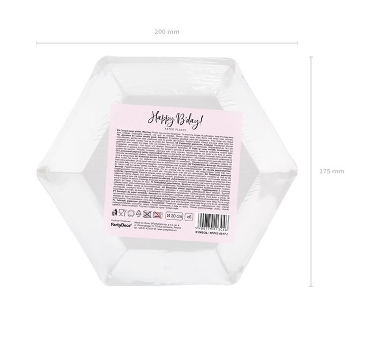 PartyDeco, talerzyki papierowe happy b'day! jasny różowy, 20 cm, 6 szt.