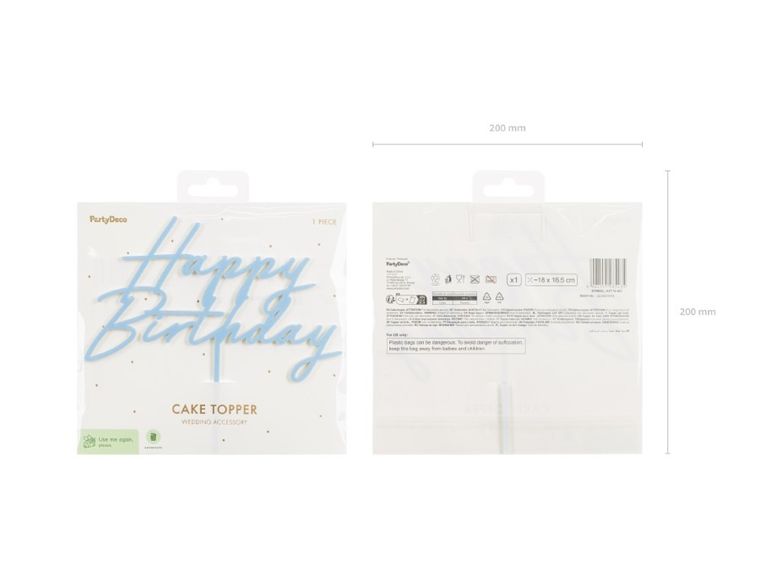 PartyDeco, topper akrylowy na tort, Happy Birthday, mglisty niebieski, 16.5 cm