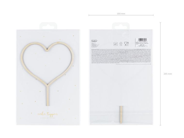 PartyDeco, topper drewniany Serce, 23 cm, 1 szt.