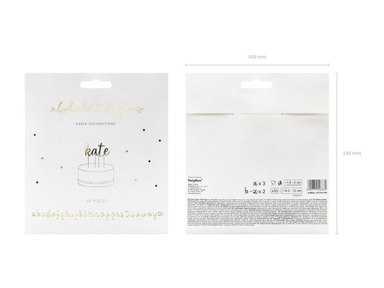 PartyDeco, toppery, dekoracje do muffinek, alfabet, złoty, 9,5-13 cm, 53 elementy