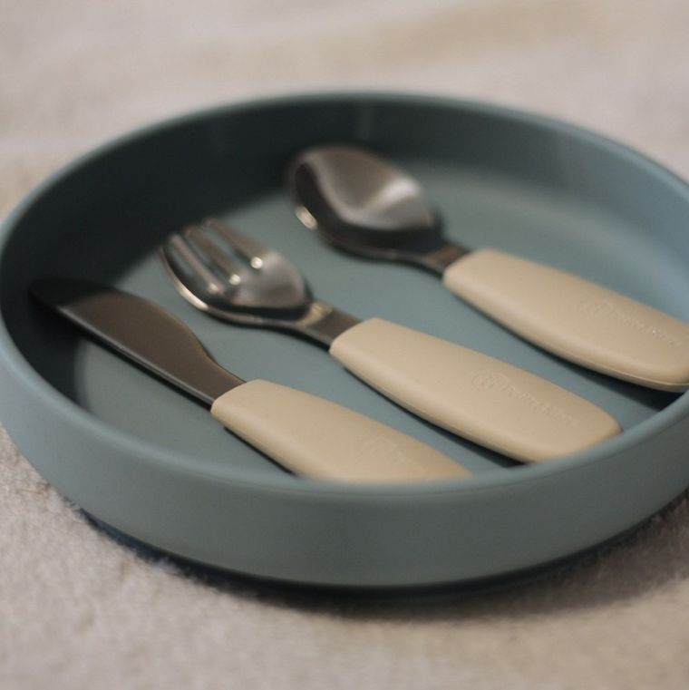 Petite&Mars, Take&Match, zestaw sztućców, stal nierdzewna z silikonową rączką, Bitter Cocoa, 12m+