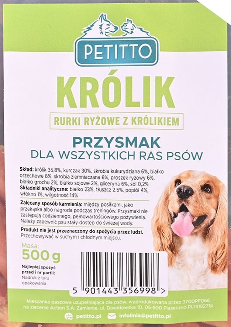Petitto, rurki ryżowe z królikiem, przysmak dla psa, 500g