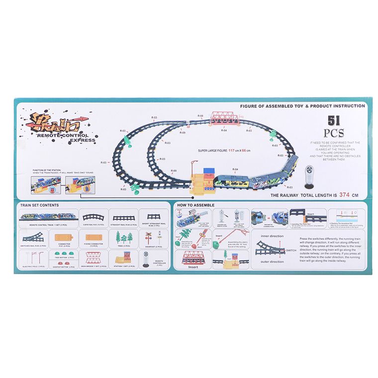 Pociąg, kolejka zdalnie sterowana, światło i dźwięk, 51 elementów