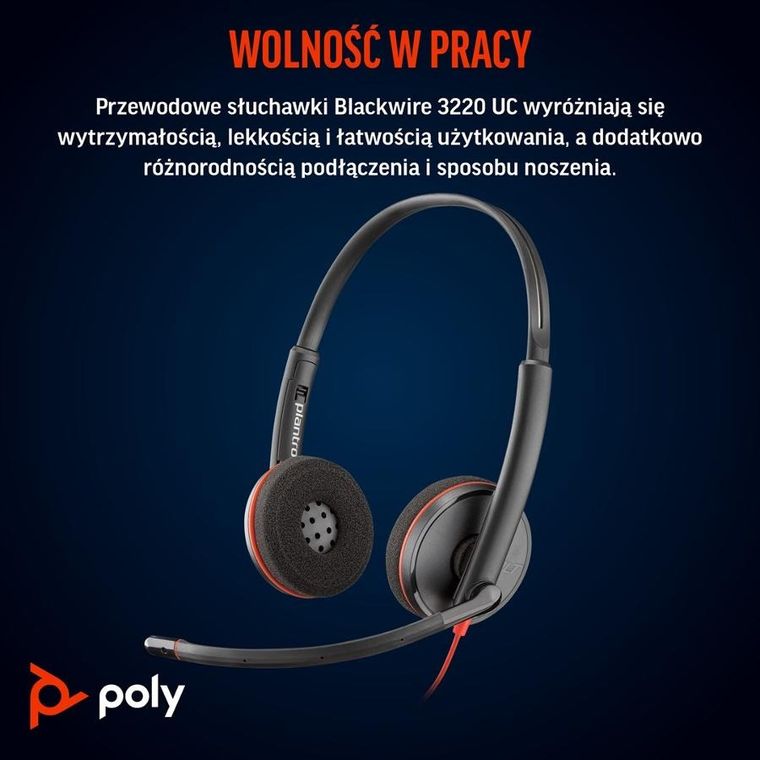 Poly, Blackwire 3220, słuchawki stereo, USB-C