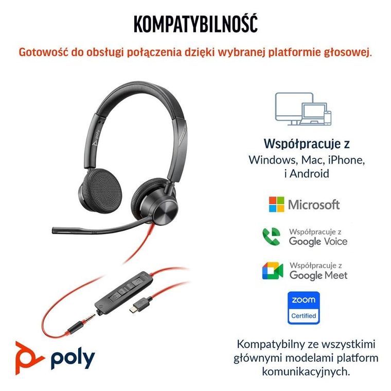 Poly, Blackwire 3325, słuchawki, USB-C, 3.5mm