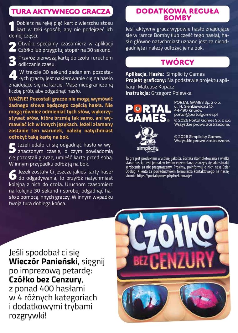 Portal Games, Czółko, Bez Cenzury - Wieczór Panieński, gra towarzyska