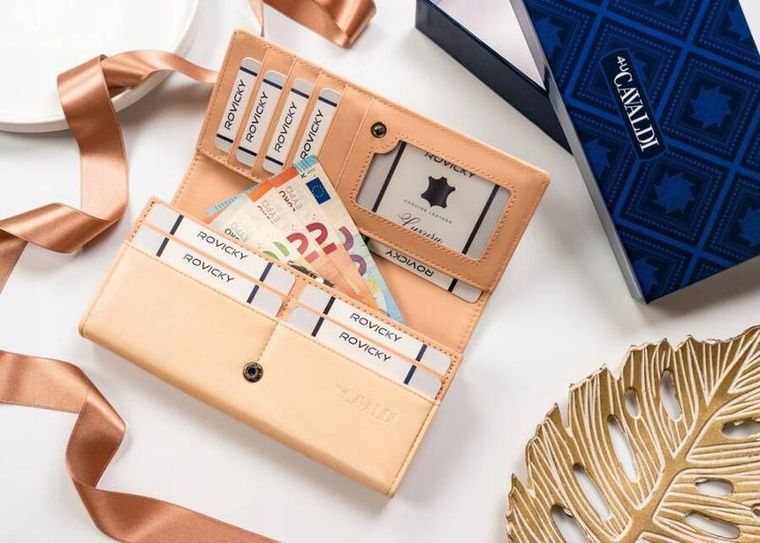 Portfel, beżowy, skóra ekologiczna, RFID, Cavaldi