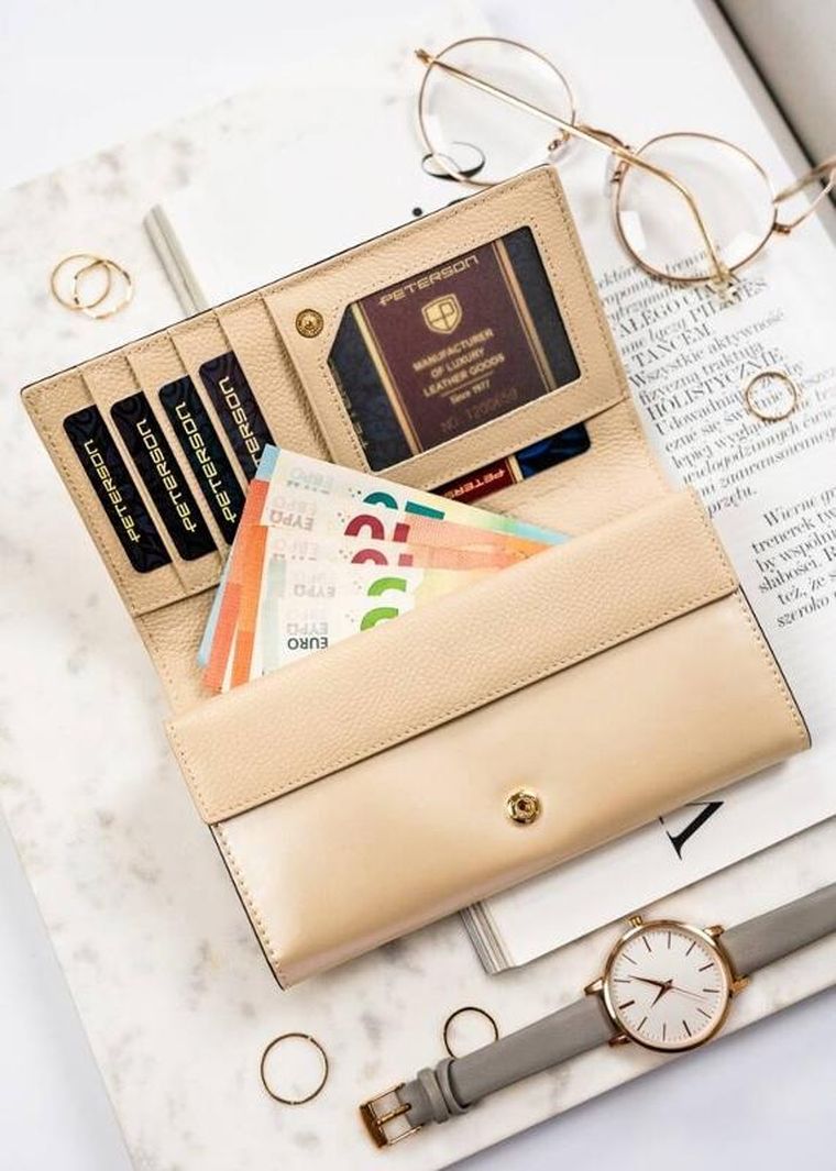 Portfel, beżowy, skórzany, RFID, Peterson