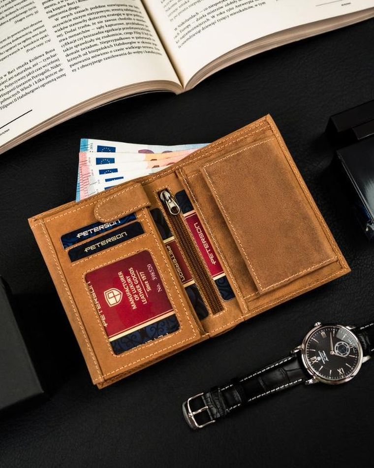 Portfel, brązowy, skórzany, Peterson