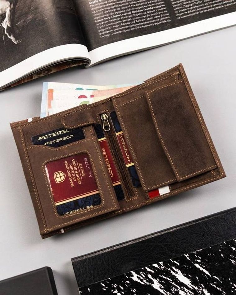 Portfel, brązowy, skórzany, Peterson