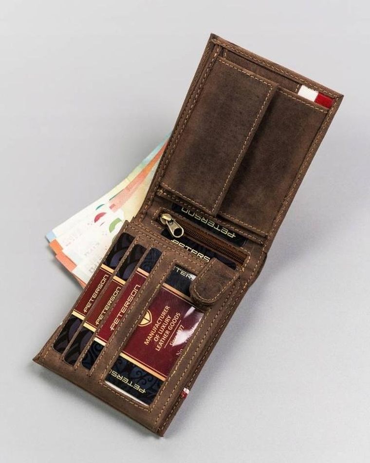 Portfel, brązowy, skórzany, Peterson