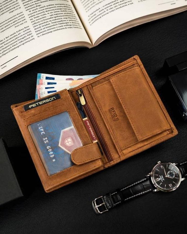 Portfel, brązowy, skórzany, Peterson