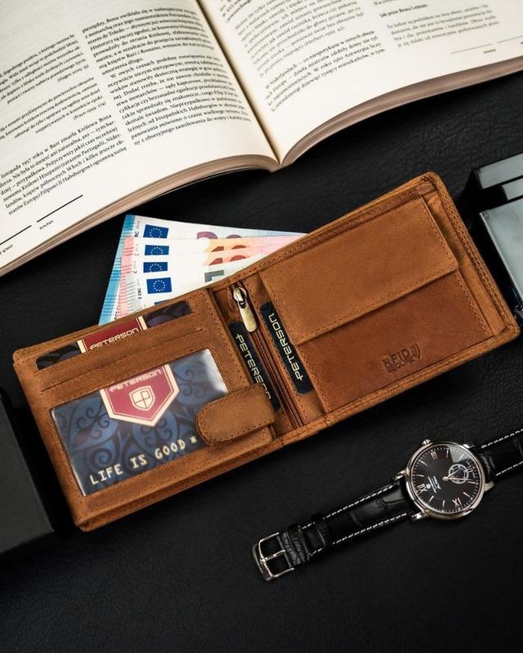 Portfel, brązowy, skórzany, Peterson