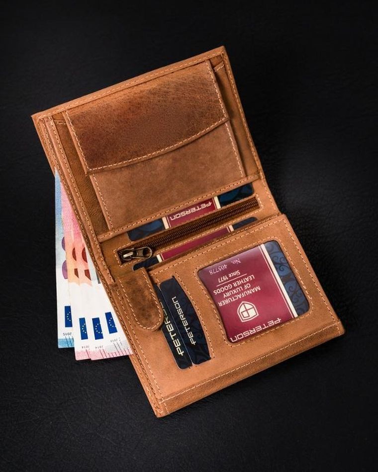 Portfel, brązowy, skórzany, RFID, Peterson