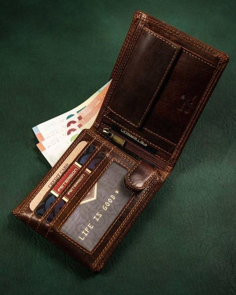 Portfel, brązowy, skórzany, RFID, Peterson