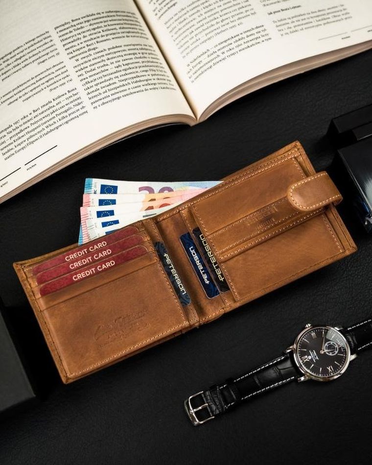 Portfel, brązowy, skórzany, RFID, Peterson