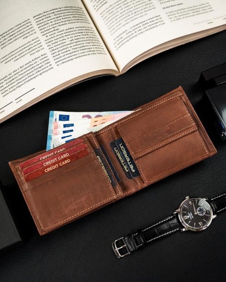 Portfel, brązowy, skórzany, RFID, Peterson