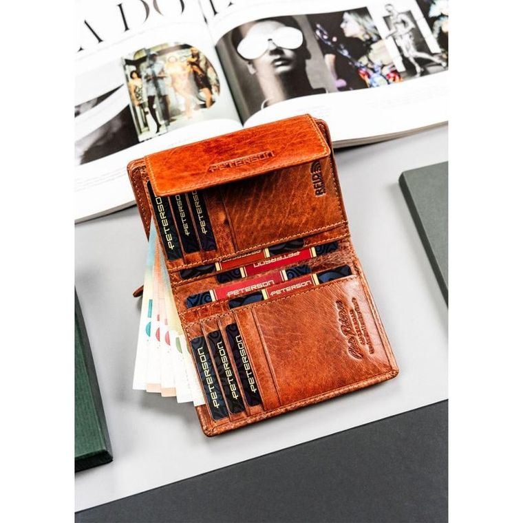Portfel, brązowy, skórzany, RFID, Peterson