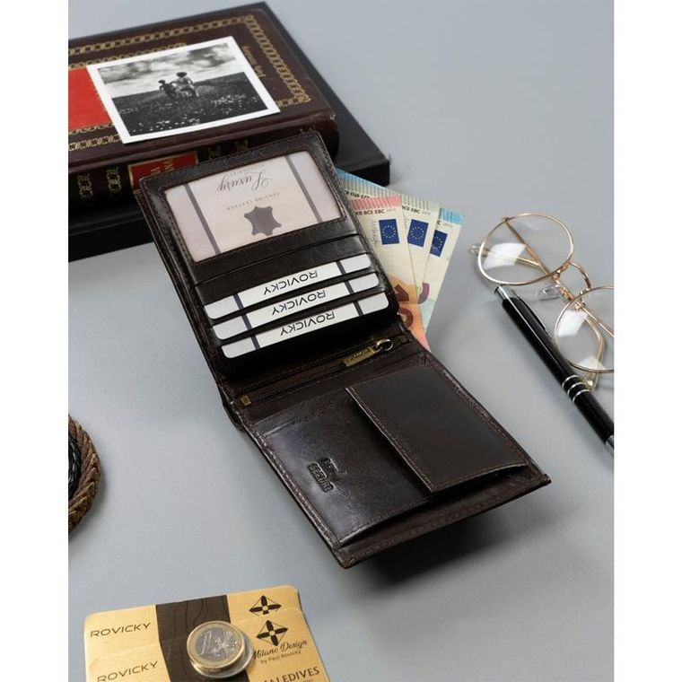 Portfel, brązowy, skórzany, RFID, Rovicky