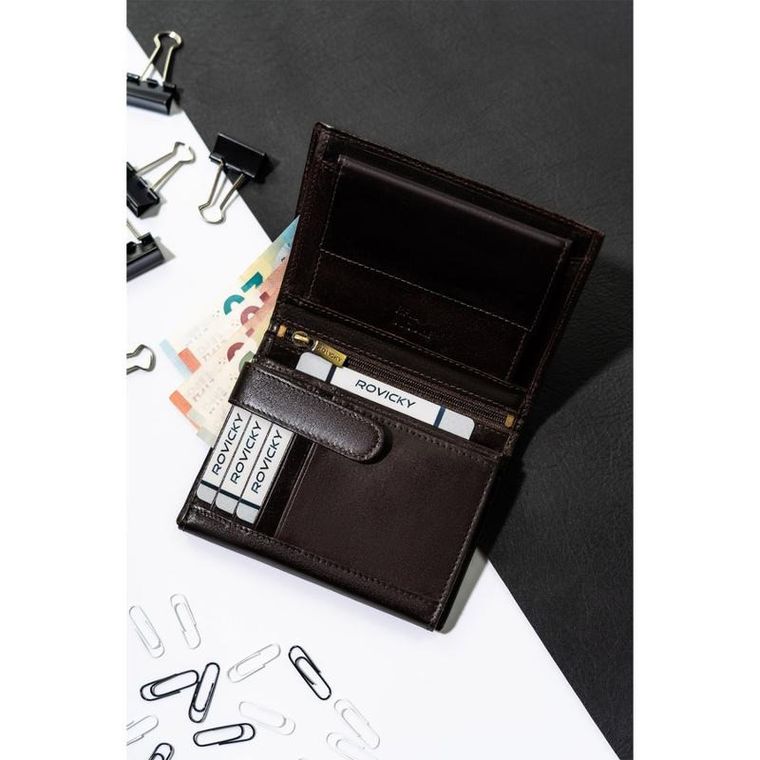 Portfel, brązowy, skórzany, RFID, Rovicky