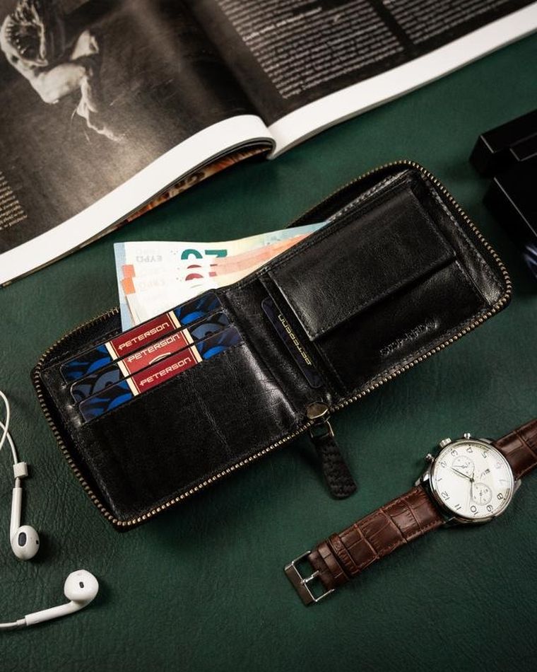 Portfel, czarno-czerwony, skórzany, Peterson